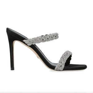 Stuart Weitzman Addison 100 black suede stiletto heels slide strap sandals Sz 6